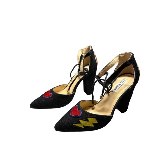 Cape Robin Denim Sandals Patches Block Denim Heels Strappy Ankle Point Toe 8 - Picture 5 of 13